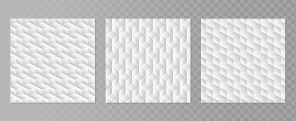 Fabric, paper, cardboard or mattress texture with rhombs. Vector abstract white geometric pattern for your design. Background template set