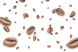 Fototapeta Tulipany - Coffee falling bean background. Black espresso coffee bean flying on white. Aromatic grain fall isolated. Represent breakfast for energy and freshness concept.