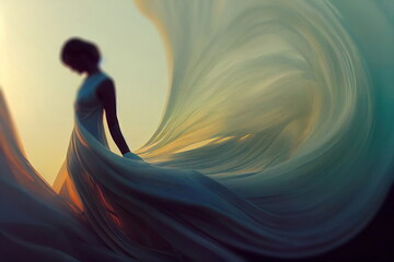 silhouette of beautiful woman with a long silk dress, standing at sunset in a beautiful contrapost pose, digital illustration