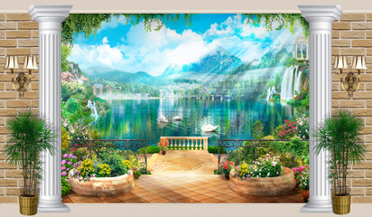 Wall Mural - wallpaper on the wall, landscape lake with a swan. photo wallpapers. the fresco.