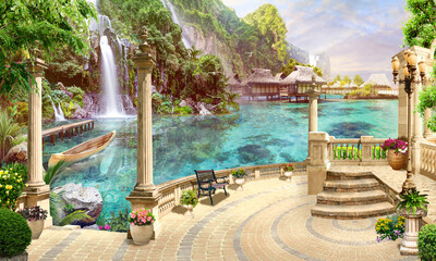 maldives, a rock with a waterfall and a bungalow on the sea. photo wallpapers. the fresco.