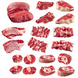 Collage of isolated raw beef meat pieces