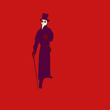 A Plague Doctor In Black Clothes And A White Mask With A Cane Stands On A Red Background In A Top Hat