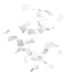sheets of white flying papers in the air isolated on transparent background