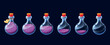 Empty potion flask. Cartoon game elixir usage sequence icon asset, colorful magic potion animation frames kit. Vector poison and antidote pictograms set