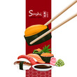 Set of sushi japanese traditional food with different kind vector illustration japanese text mean sushi japanese cuisine