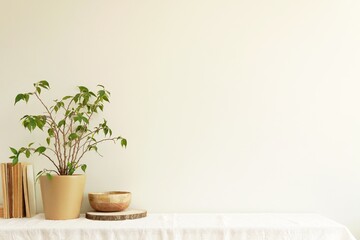 Canvas Print - Blank wall mockup in Scandinavian bohemian interior for framed art or design presentation, wooden shelf, books, potted flowers.