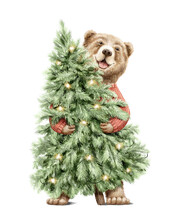 Watercolor Vintage Man Bear In Sweater Clothes Holding Christmas Tree With Luminous Garland Isolated On White Background. Hand Drawn Illustration Sketch
