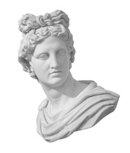 God Apollo Bust Sculpture. Ancient Greek God Of Sun And Poetry Plaster Copy Of A Marble Statue Isolated On White With Clipping Path