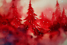 Christmas Background Red. Holiday Christmas. Winter Forest.