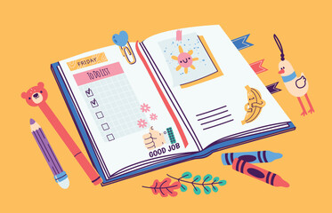 Open planner. Cartoon diary with notes reminder checklist plan colorful decoration, minimal cute notebook with stationery. Vector flat illustration