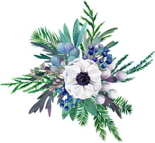 White Anemone With Leaves, Watercolor Floral Arrangement
