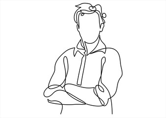 Wall Mural - business man in a crossed his arms thinking - continuous line drawing