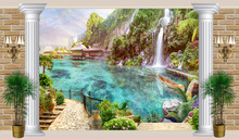 Digital Illustration Of Seascape, Waterfall And Bungalow. Photo Wallpapers. Mural On The Wall.