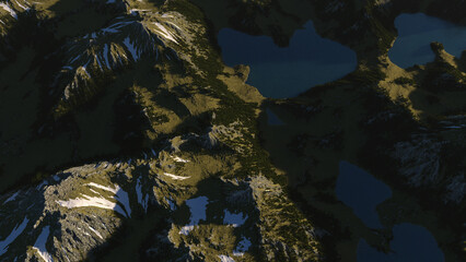 Wall Mural - Mountains with pine trees, grass, some snow and mountain lakes. Aerial view. 3D render.