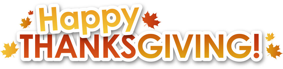 colorful happy thanksgiving typography banner with maple leaf motifs on transparent background