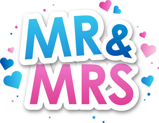 Wall Mural - Colorful MR & MRS typography banner with heart motifs on transparent background