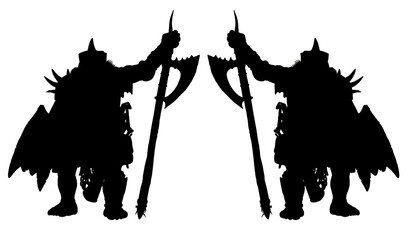 Poster - Fantasy creature - orc. Fantasy monster silhouette illustration. Goblin with ax drawing.