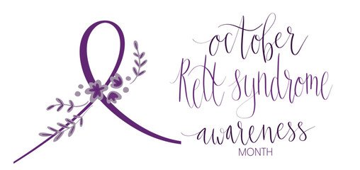 Rett Syndrome Awareness Month October handwritten lettering and purple support ribbon. Web banner vector template