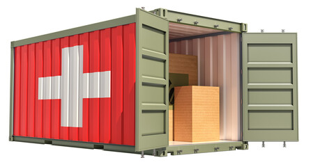 Shipping Container with Switzerland flag. 3D Rendering