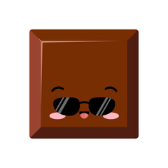 Wall Mural - Cute square chocolate bar piece in sunglasses kids emoji character vector icon. Yummy milky smilling cool choco chunk with face. Kawaii cartoon style cacao sweet food morsel emoticon illustration.