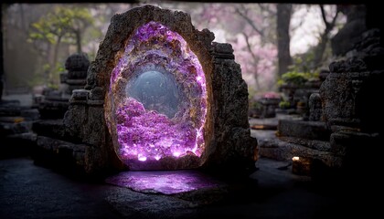 Wall Mural - Raster illustration of a purple portal in stone in a ceremonial place. Place for meditation, teleportation, chakras, parallel world, subconscious. Magic realism concept. 3d artwork