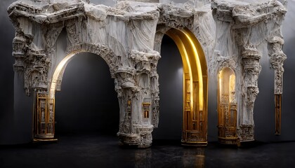 Raster illustration of beautiful gray marble arch. Abstract patterns, decoration of an ancient castle, palace, ancient times, shelves, curtains. Futuris, concept. 3d rendering artwork background