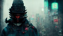 Raster Illustration Of A Man In A Samurai Costume Walks Through An Asian City. Asian Culture, Post Apocalypse, Black Cape, Cyber Man, Cyberpunk, Superhero. 3d Rendering Artwork
