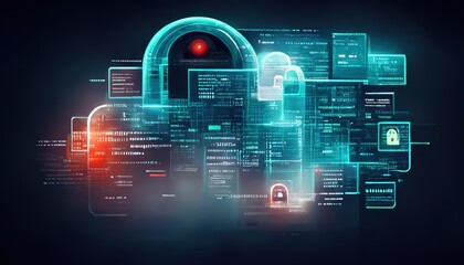 Poster - Raster illustration of privacy hologram. Lock, password, pattern, security, protection, defense, antivirus, private data, artificial intelligence, brute force, connection, technology. 3d render