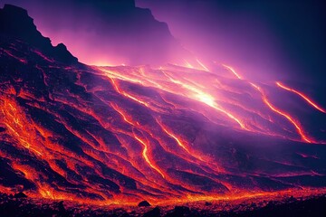 Wall Mural - Raster illustration of beautiful lava flowing from the volcano. Mountain, rock. magma, plasma, fire, eruption, natural disaster. The power and beauty of nature concept. 3d rendering artwork