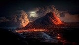 Raster illustration of beautiful night volcanic eruption across the sea. Mountain, rock. magma, plasma, fire, eruption, natural disaster. The power and beauty of nature concept. 3d rendering artwork