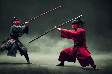 Raster illustration of battle of two samurai. Training martial arts to two Asian men with long hair, one in a black kimono, the other in a red one. Stick, sword duel. 3d rendering artwork