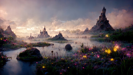 Wall Mural - fantasy landscape with water spills and mountains in dark colors