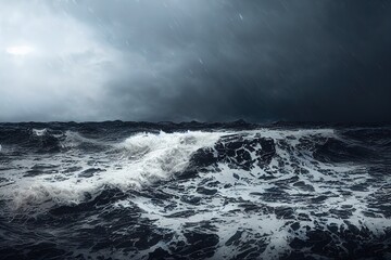 Poster - Raster illustration of downpour in the sea. Thunderstorm in the open ocean, tornado, heavy rain, waves, tornado, tsunami, flood, natural disaster, force of nature. 3d rendering artwork