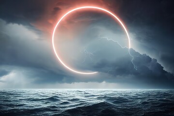 Poster - Raster illustration of downpour in the sea. solar eclipse, big circle with neon glow in the sky, tornado, heavy rain, waves, tornado, tsunami, flood, natural disaster, force of nature. 3d artwork