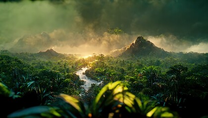 Poster - Raster illustration of a river that flows through rocky highlands. Mountain, beautiful jungle during sunrise, nature, mountain ranges, wild wilderness, grass, bushes. Beauty of nature. 3d render