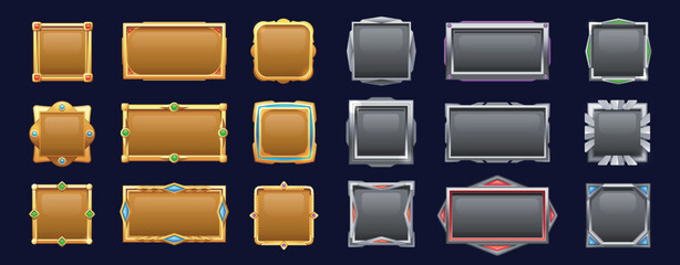Poster - game menu buttons. cartoon metal user interface frames, 2d sprite graphic design for web mobile app 