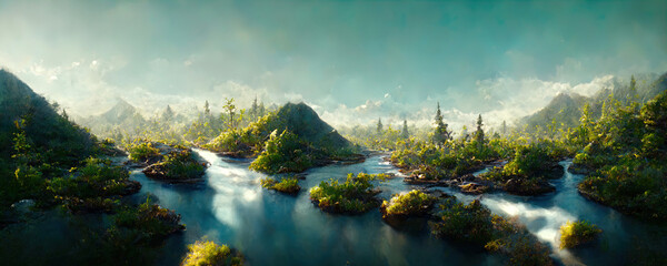 fantastic fabulous landscape of mountains and rivers flowing between them