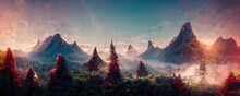Magic Fairy Tale Landscape Of Mountains In Lilac Fog