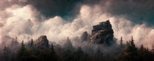 Mystical Landscape Of Mountains Among The Fog