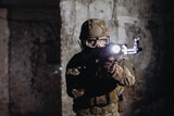 Fototapeta Sport - Ukrainian soldiers on the battlefield. Special forces are conducting a combat operation.