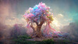 canvas print picture - fantastic landscape with a fantasy tree of desires in pink-blue colors