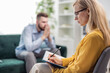 © MYDAYcontent - Woman medical doctor psychologist making notes while listening to male patient, talking about problem and it solution, mental healthcare concept