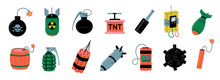Bomb Collection. Cartoon TNT Explosive Weapon, Bombs Dynamite Grenade Missile Mine And Nuclear Bomb Doodle Game Asset. Vector Doodle Weapon Set