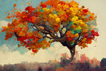 Illustration Of A Tree With Colorful Foliage In Autumn Season