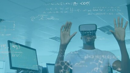 Sticker - Animation of mathematical equations over african american man wearing vr headset