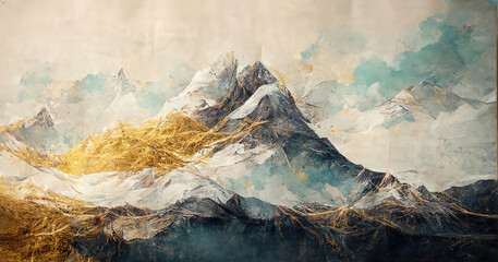 Landscape with mountains in a minimalist style. Luxurious mountainous terrain in oriental style. Wallpaper design, prints and invitations, postcards. steep mountains 3D illustration