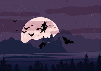 Wall Mural - silhouette of a whitch on full moon background, flock of bats, castle, mountain landscape. cartoon, 