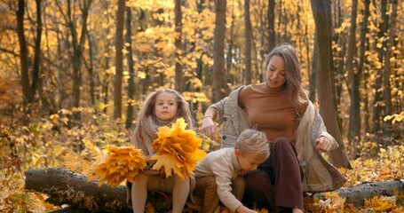 Wall Mural - Beautiful mother with school kids in the autumn forest