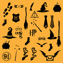 Set Of Different Wicth Equipment On Yellow Background